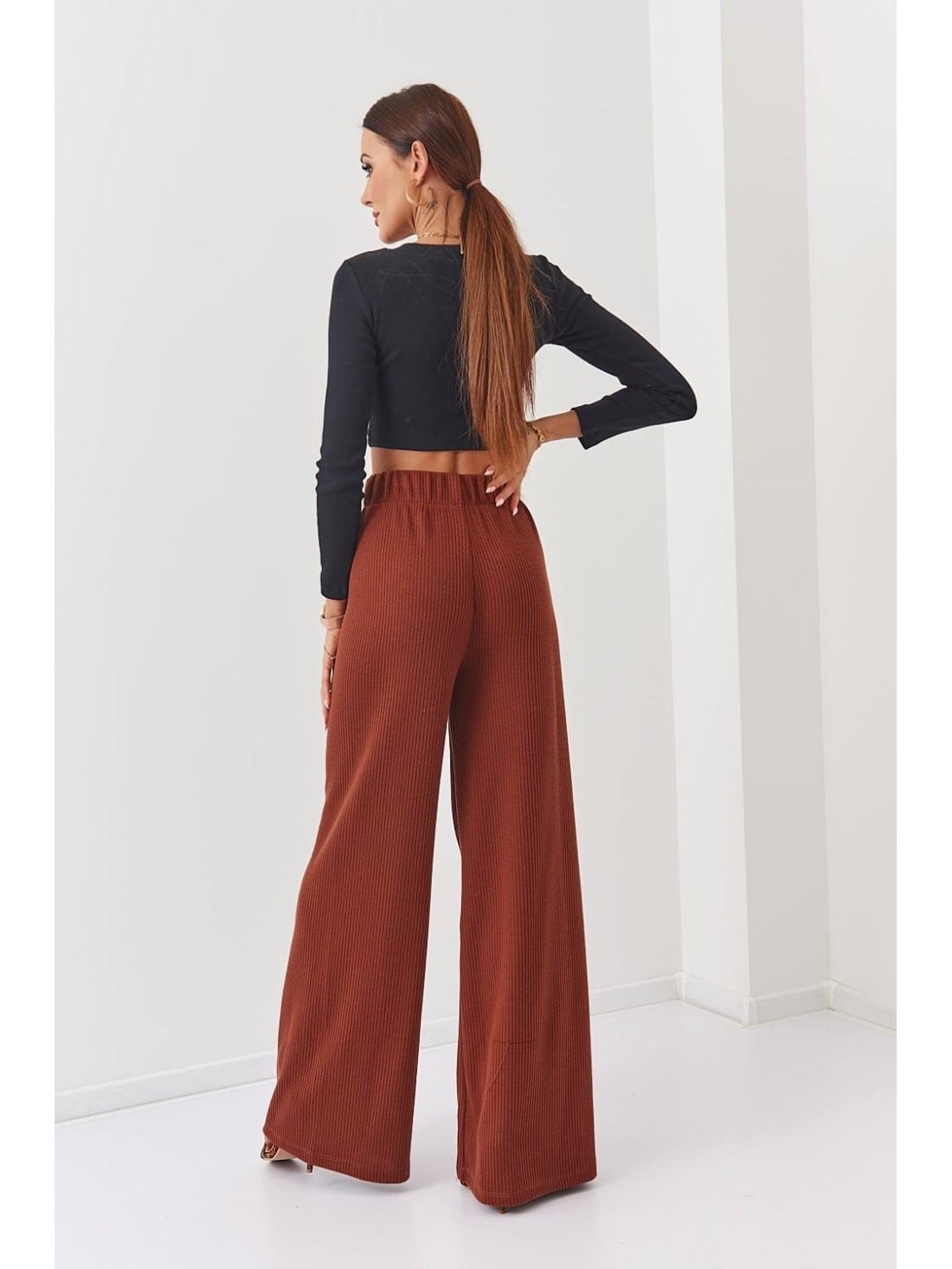 Ribbed wide knitted trousers, dark brown, 5027 - Online store - Boutique